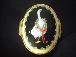 Halcyon Days Enamels,  Trinket/pill Box,  Goose With Christmas Wreath,  Ribbon,  Gumps
