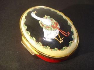 HALCYON DAYS ENAMELS,  TRINKET/PILL BOX,  GOOSE With CHRISTMAS WREATH,  RIBBON,  GUMPS 2