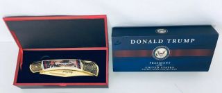 Usa President Donald Trump Pocket Knife 8.  5” Steel Blade W/wood Display Box,