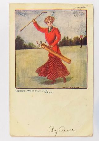 Vintage 1908 Lady Golfer Postcard By U.  Co.  N.  Y.  Signed By F Earl Christy