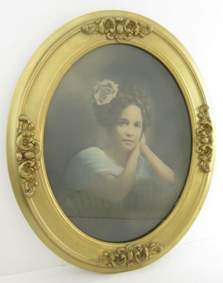 Antique Edwardian Ornate Oval Gilt Frame W/ Pastel Enhanced Portrait Photo 21x25