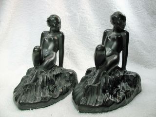Vintage Art Deco Cast Metal Nude Woman On Rock With Waves Bookends Usa