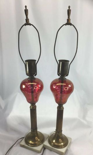Vintage Cranberry Etched Glass Table Lamp Pair
