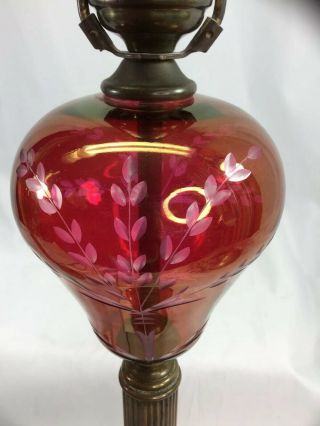 Vintage Cranberry Etched Glass Table Lamp Pair 2