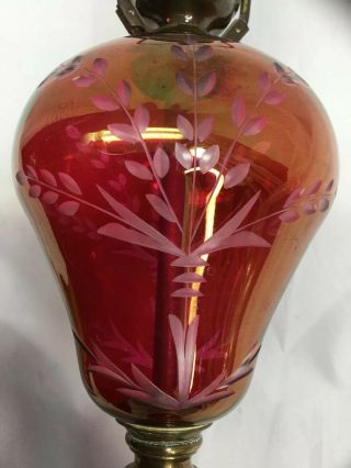 Vintage Cranberry Etched Glass Table Lamp Pair 3