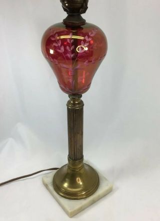 Vintage Cranberry Etched Glass Table Lamp Pair 4