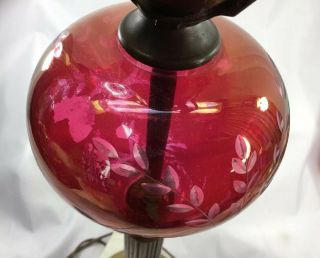 Vintage Cranberry Etched Glass Table Lamp Pair 5