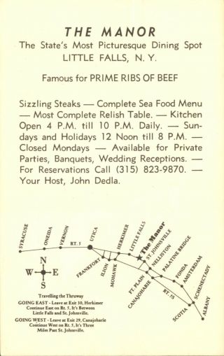 The Manor Restaurant Little Falls York NY advertising 1950s 2