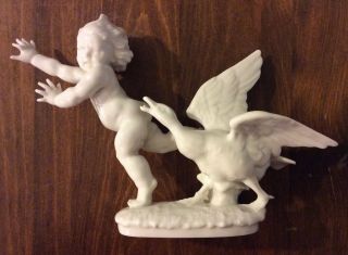 K.  Tutter - Hutschenreuther Germany - Porcelain Cherub Chased By Goose Figurine