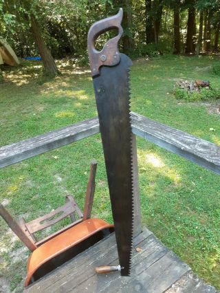 Vintage One Man Cross Cut Saw 42 Inch.  Warranted Superior.  With Helpers Handle.