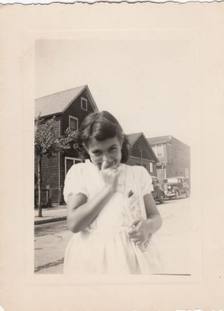 Vintage Photo Adorable Little Girl In White Dress Giggling Silly Child City Stre