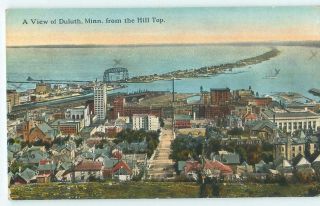 Duluth Mn View From The Hill Top Buildings & Lake 1910s Antique Postcard 26461
