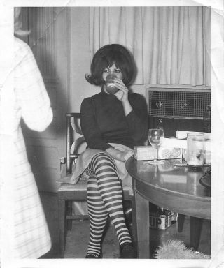 Vintage Photo Retro Fashion 1960s Woman At Party Trendy Outfit Big Hair B/w
