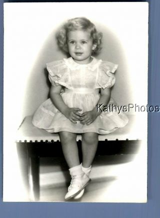 Found B&w Photo F,  3458 Little Girl In Dress Posed Sitting On Bench