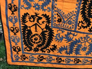 Vtg Hand Embroider Tapestry Quilt Wall Hang Textile Throw 80 " X70 " Orange Blue