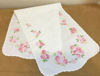 Vintage Table Runner Or Dresser Scarf,  Embroidered Flowers & Leaves,  Pink,  Ivory