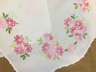 Vintage Table Runner Or Dresser Scarf,  Embroidered Flowers & Leaves,  Pink,  Ivory 3