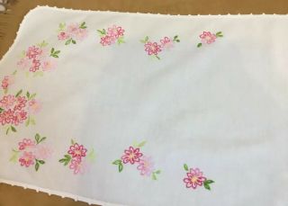 Vintage Table Runner Or Dresser Scarf,  Embroidered Flowers & Leaves,  Pink,  Ivory 5