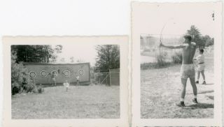 (2) Vintage B/w Photos Of A Shirtless Archer And The Target (bullseye)