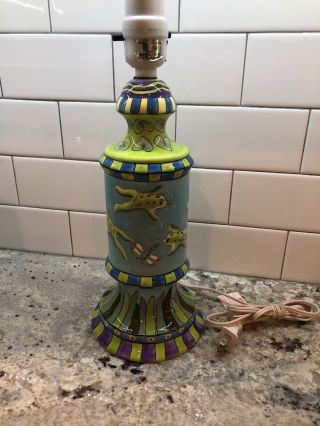 Whimsical Lamp Frog Dragonfly Check Stripe - Mackenzie Style Purple Green Painted