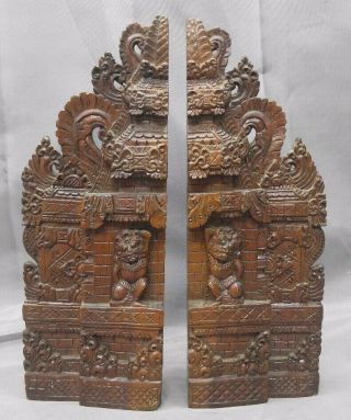 Old Vintage Hand Carved Asian Hindu Temple Bookends Wood Carvings