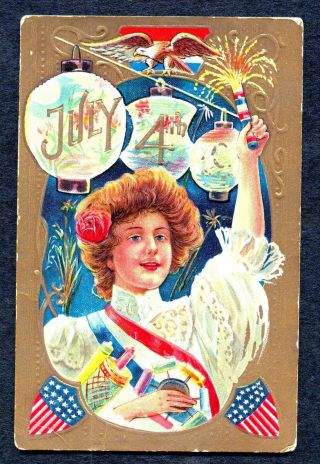 4th Of July Emb Pc Girl With Firecrackers Flags Very Patriotic Mailed 1909