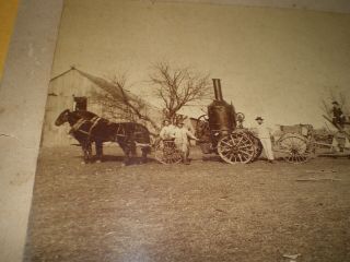 Old Cabinet Card Photograph Farm Scene Horse Drawn Steam Engine & Thresher