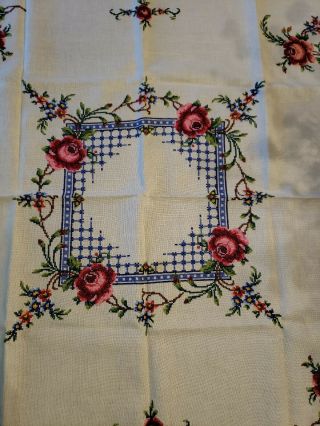 Vintage Linen Embroidered Tablecloth Cross Stitch Roses 33 " X 33 " Square Euc