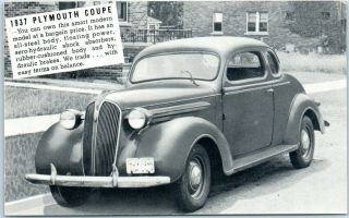 1937 Plymouth Coupe Car Advertising Postcard Lakes Motor Sales Monticello Ind.