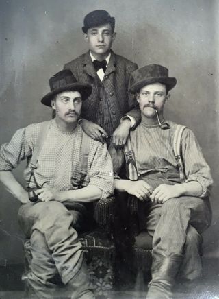 Antique American Three Young Men Pipe Hats Boots Shirts Work Wear Tintype Photo