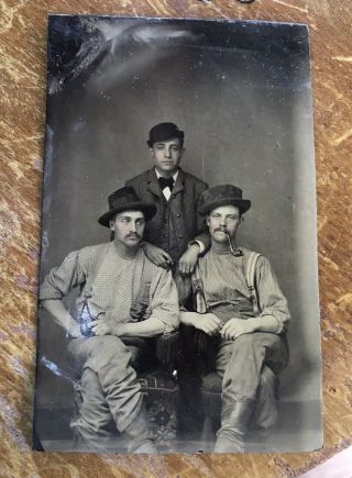 ANTIQUE AMERICAN Three Young Men Pipe Hats Boots Shirts Work Wear TINTYPE PHOTO 2