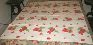 Vintage Mid Century Cotton Print Tablecloth Red Poppy Flowers & Leaves 48 " X 56 "