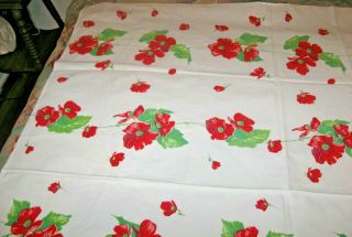 VINTAGE MID CENTURY COTTON PRINT TABLECLOTH RED POPPY FLOWERS & LEAVES 48 