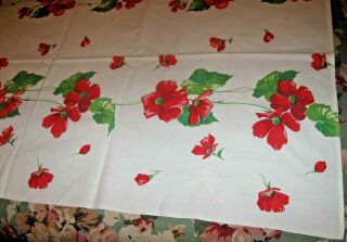 VINTAGE MID CENTURY COTTON PRINT TABLECLOTH RED POPPY FLOWERS & LEAVES 48 