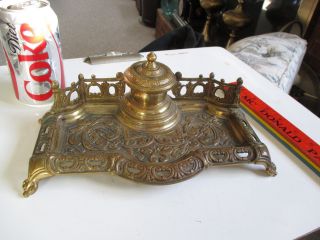 Vintage Brass Ink Well With Glass Well