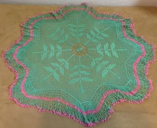 Vintage Hand Crocheted Large Doily,  Round,  Flower & Leaf Design,  Green,  Pink