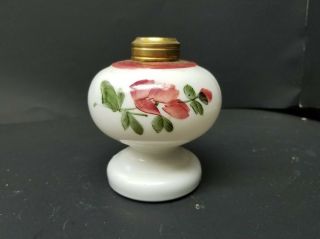 Antique Opal White Miniature Oil Lamp Base With Hand Painted Cranberry Motif