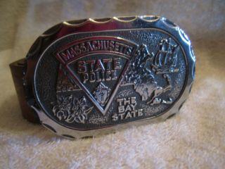 Vintage Massachusetts State Police Belt Buckle 1979 With Leather Belt 3