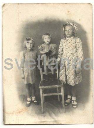 1951 Three Little Girls Sisters Summer Dresses Family Kids Soviet Vintage Photo