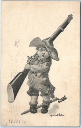 Vintage Artist - Signed Wall Postcard Little Soldier W/ Big Gun - 1910 Ia Cancel