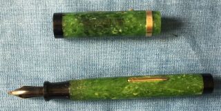 Gold Bond Stonite Fountain Pen 14 KT 4 Nib Jade Green Marble Black Flat Top 6
