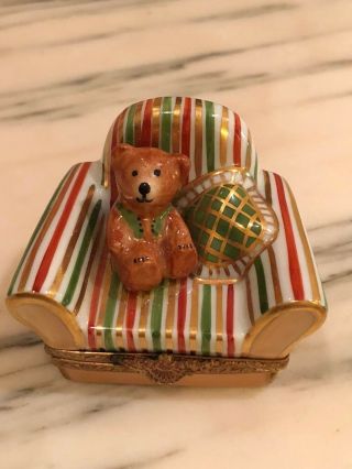 Limoges Trinket Box France Peint Main Chair With Teddy Bear.  Hinged.  Signed