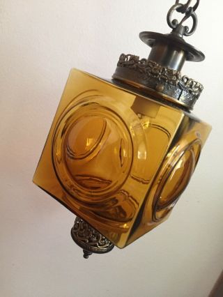Vintage Mcm Square Amber Bullseye Glass Swag Lamp Light Switch Chain