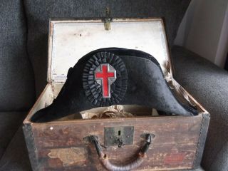 Antique Civil War 2 Hats Masonic Knights Templar Chapeau & Cap Gloves,  Wood Box
