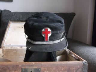 Antique Civil War 2 Hats Masonic Knights Templar Chapeau & cap gloves,  wood box 8