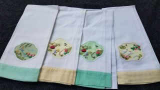 Vtg Hand Towel Chinese Applique Embroidered Set Of 4 Fingertip Tea Green Yellow