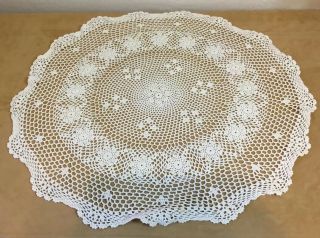 Vintage Round Small Tablecloth,  Crocheted,  Flower Design,  Very Light Beige