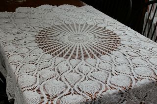 Vintage Lovely Off White Hand Crocheted Tablecloth 66 " Round
