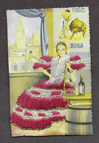 Vintage Silk Embroidered Spanish Lady Postcard Plaza De Toros Sevilla Unposted