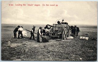 Vintage Cowboy / Western Postcard " Loading The Chuck Wagon On Round Up " C1910s